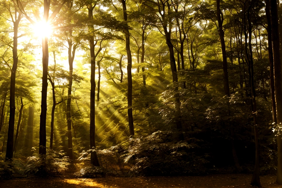 in the forest、wood々The soft sunlight filtering through、The pleasant chirping of birds from afar