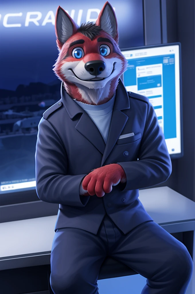 Иван Федорович Вольфбах air traffic controller россия, (Novosibirsk) ,tall handsome, wolf,young, 24 years, brown fur,Kind,(red body:1.3),beautiful blue eyes,Novosibirsk,dressed,civil aviation pilot uniform,White shirt,commander's epaulettes, черный tie, trousers,air traffic controller, trousers,canine, wolf, detailed fur, male, second, paw pads, finger claws,At the viewer, 5 fingers, paws, 5 fingers, smile, wrist watch, т nextel,by xenoforge, (difficult, high detail, digital photography, soft focus, RAW,goes for a walk, ,Very close to the camera,airport,Novosibirsk, smile, good mood, positive, Very close to the camera, plaid shirt, At the hairdresser, without hair, captain's epaulets,
Photorealism, realistic, photorealistic, digital style, Subsurface scattering,I look at the viewer,стоит White shirt is sitting, at the computer, radars, microphone, trousers, tie,air navigation tower, close to the camera,окно вид на airport и самолеты, is sitting, airplane symbol on jacket, headphones, smile хорошое настроение,
masterpiece, Best quality, ultra realistic, 8 thousand.)