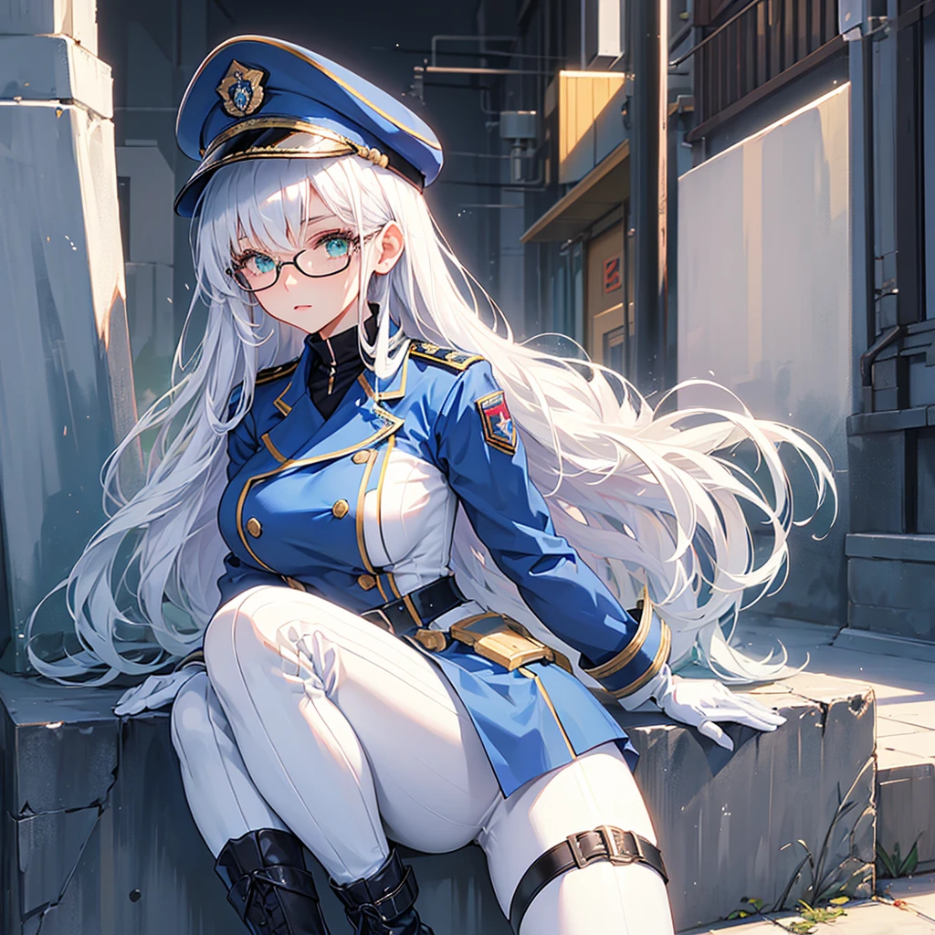 masterpiece, best quality, beautiful girl, white hair, green eyes color, dark blue military uniform, mature_female, eye_glasses, white gloves, anime, dark blue military hat, very_long_hair, perfect body, red ribbon, commander, science_fiction, black knee-high boots, white pants, cowboy_shot, best quality, large_breasts, ultra-detailed, high quality, modern military uniform, sci-fi, royal blue Trench Coat, one girl, 4k