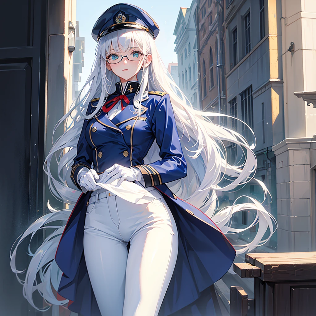 masterpiece, best quality, beautiful girl, white hair, green eyes color, dark blue military uniform, mature_female, eye_glasses, white gloves, anime, dark blue military hat, very_long_hair, perfect body, red ribbon, commander, science_fiction, black knee-high boots, white pants, cowboy_shot, best quality, large_breasts, ultra-detailed, high quality, modern military uniform, sci-fi, royal blue Trench Coat, one girl, 4k