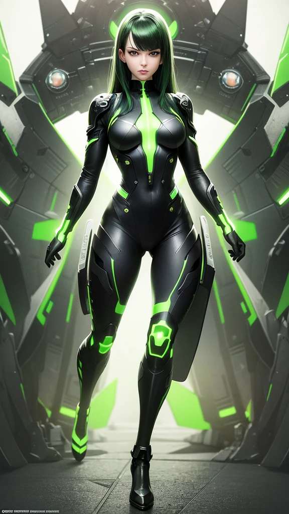 masterpiece, highest quality, (solo focus), (perfect face:1.1), (full body), (high detail:1.1), (hyper detailed eyes), dramatic, a woman with palefreckledskin and long dark green hair, bright green eyes, solo, arrogant expression, neon cybernetic outfit, white background, art by artgerm, cinematic lighting, fashion, BalenciagaStyle
