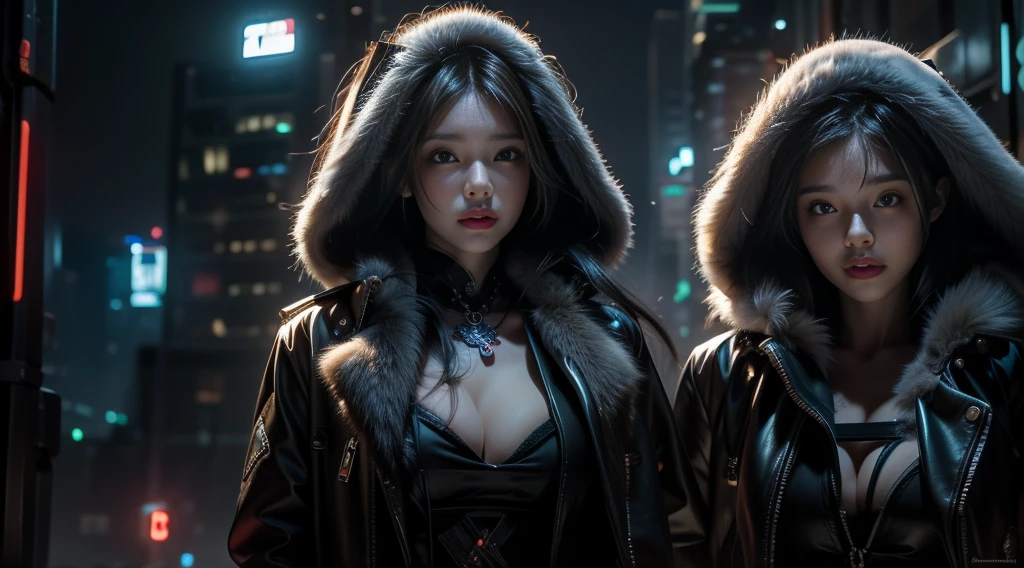 masterpiece,quality,Best quality at best,Official Art,(Beauty and aesthetics:1.2),(masterpiece:1.3),The city of the future,Cyberpunk Characters,A girl,Fur coat,No underwear,Sexy body,Looking at the camera,(Close-up cleavage:1.8),Volumetric Fog,snow,snow,drama,Christmas Eve