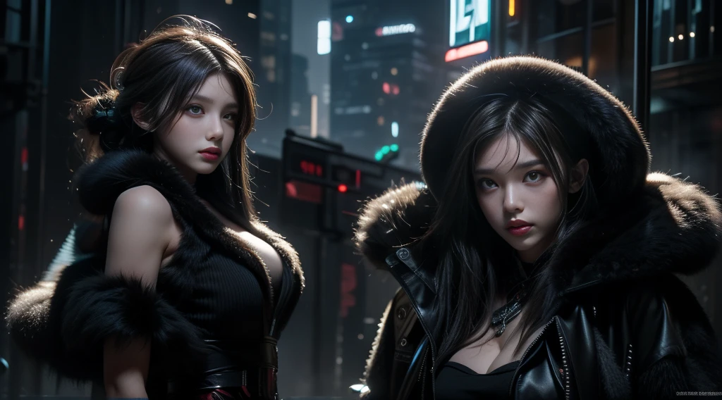 masterpiece，quality，Best quality at best，Official Art，（Beauty and aesthetics：1.2），（masterpiece：1.3），The city of the future，Cyberpunk Characters，A girl，Fur coat，No underwear，Sexy body，Looking at the camera，（Close-up cleavage：1.8），Volumetric Fog，snow，snow，drama，Christmas Eve