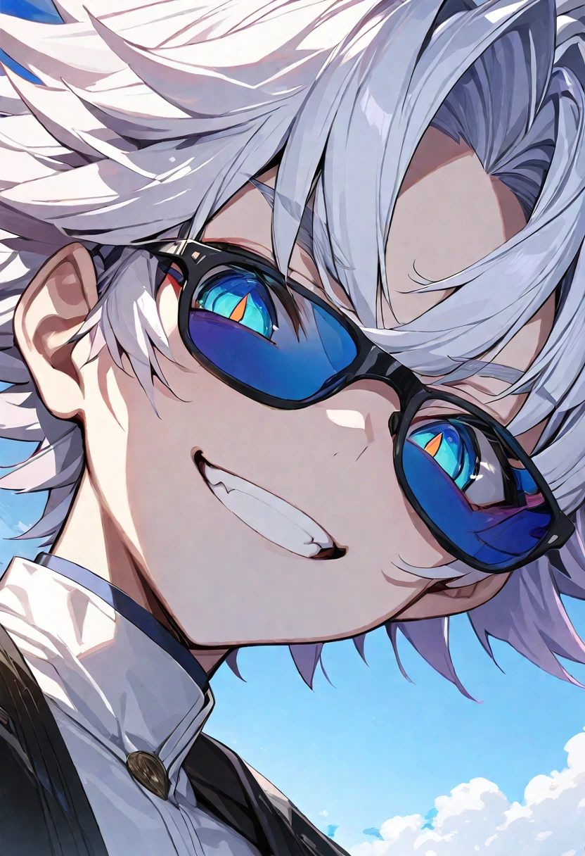 (masterpiece, best quality:1.2), (hyperdetailed face), (Super well-formed face), close up, face focus, solo, male focus, 1boy, gojo satoru, 18-years-old, slim body, white hair, blue eyes, crystal clear eyes, beautiful pupils, beautiful detailed eyes, smiling, white teeth, long white eyelashes, black shirt, long sleeves, black pants, wearing sunglasses, looking at viewer, beautiful blue sky, summer sky