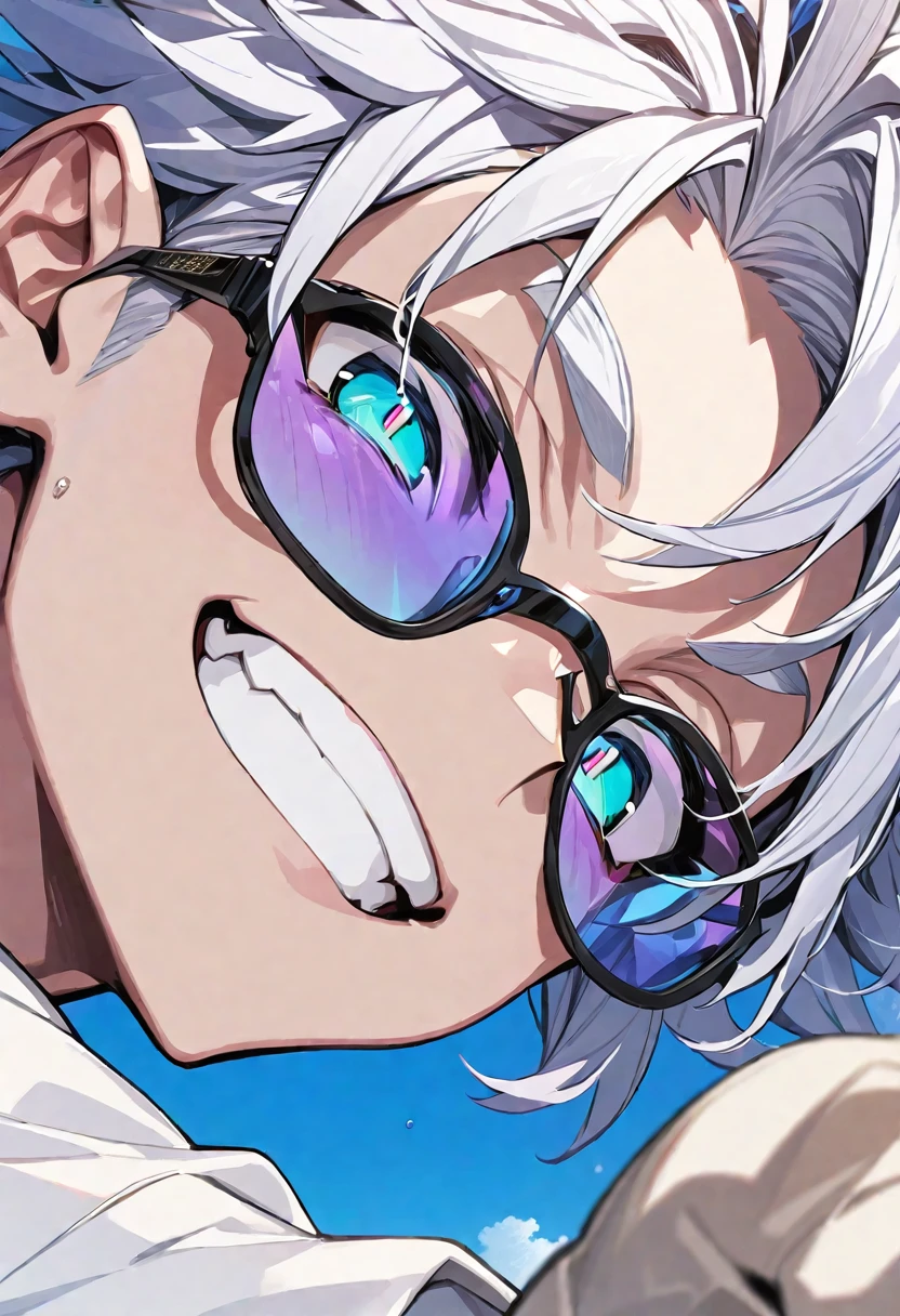 (masterpiece, best quality:1.2), (hyperdetailed face), (Super well-formed face), close up, face focus, solo, male focus, 1boy, gojo satoru, 18-years-old, slim body, white hair, blue eyes, crystal clear eyes, beautiful pupils, beautiful detailed eyes, smiling, white teeth, long white eyelashes, black shirt, long sleeves, black pants, wearing sunglasses, looking at viewer, beautiful blue sky, summer sky