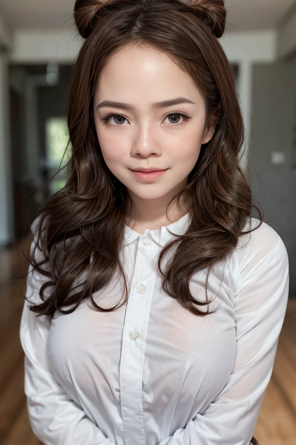 adorable, 1 girl, (face to face), 10 years old, baby face, happy, half body portrait, (face details: 1), (eye details:1), ((big breasts)). wearing transparent transparency long shirt, .. Cute posed. proportional body. Ultra High Res. realistic: 1.4, UHD, (Long Bun Hairstyle)