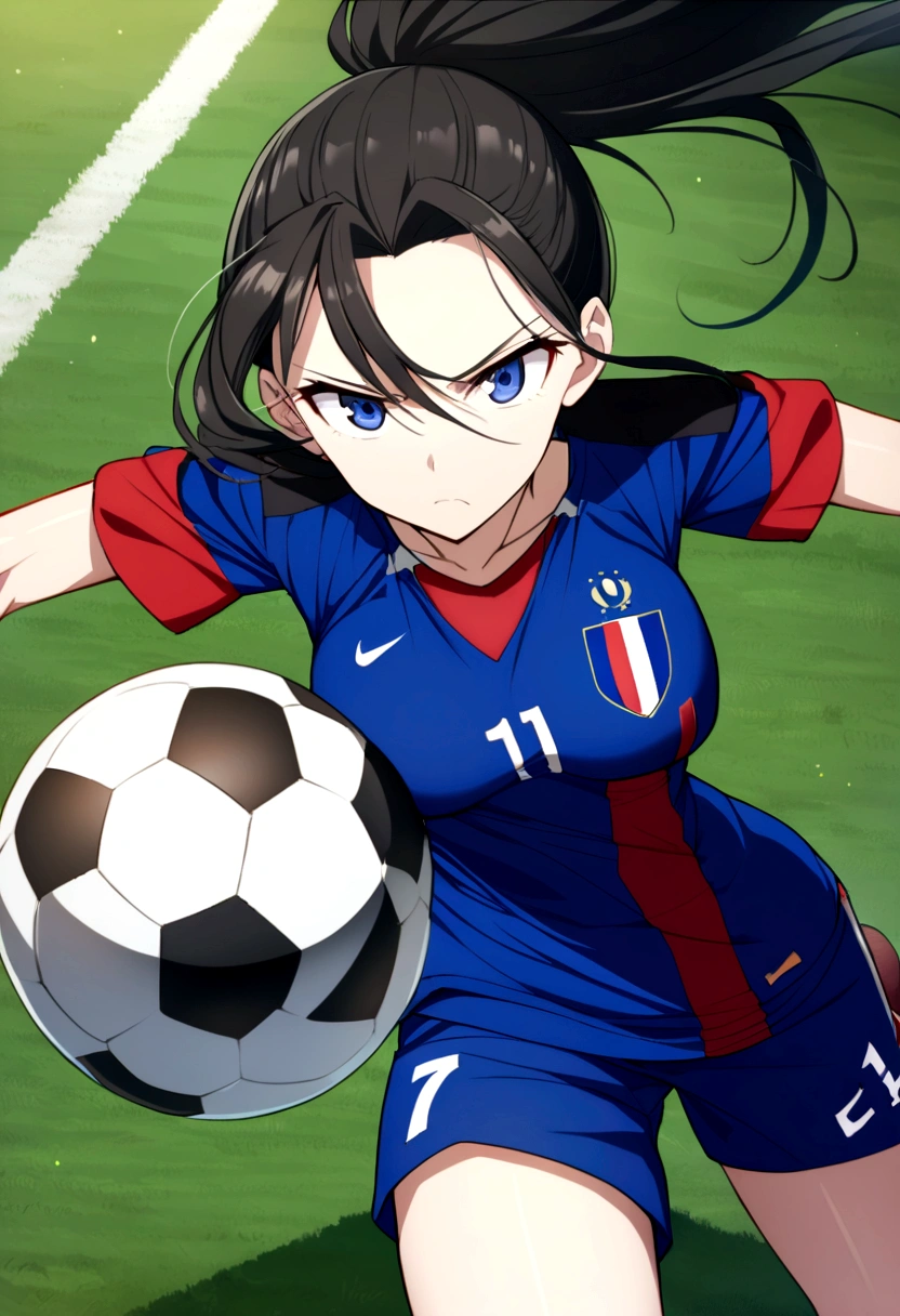 (anime ,2D) a female soccer player of average height ,clear skin,thin face ,serious expression,blue eyes,waist-length black hair ,white bangs,Skinny body,big breasts,small waist, France national team uniform, In a soccer field ,kicking a ball with a super darkness technique.
