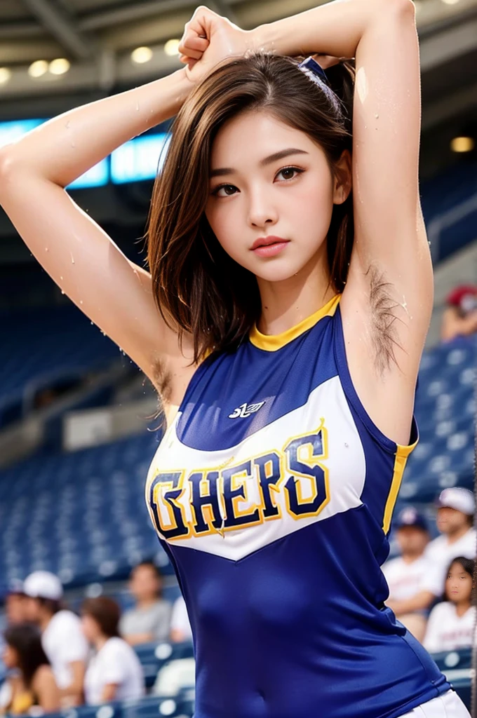 1 Female、(so beautiful)、(Beautiful Face:1.5)、22 years old、Professional baseball team cheerleading、Hairy armpit hair、(Armpit hair:1.4)、(Sleeveless clothing)、(You can see the shape:1.1)、compensate、(Wet skin)、 Brown Hair、(Cheers erupt from the packed stadium)、At S.F.W.