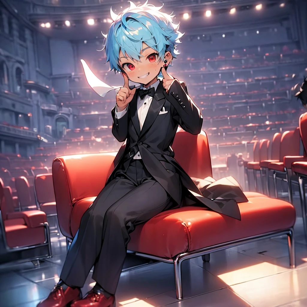 (solo:2), (boldline:-1.7), (put index finger on mouth:1.5), (((musical note))), (sitting on red chair:1.5), (((fang))), (((best finger))), BREAK (best quality:1.5), (absolutely resolution:1.5), (ultra detailed:1.5), (masterpiece:1.5), (perfect face), (detailed face), (detailed eyes), (best eyes), (cute face), (shota:2), BREAK (tuxedo:1.5), (skinny:1.3), (spiked hair), BREAK (light blue hair:1.5), (wine red eyes:1.4), (eyes with highlight:1.6), ((mole under eye)), (sweaty skin), (grin:1.5), ((earrings)), (shiny skin:1.3), BREAK (concert hall:1.5), (spot light:1.3), (at concert), ((wind blowing)), ((nipple)), abs, groin, frow below,
