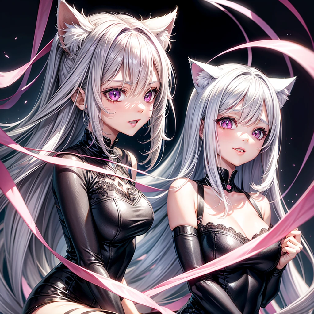 Silver hair, pink eyes, body, cat ears, sexy girl, earrings, heart background fantasy 