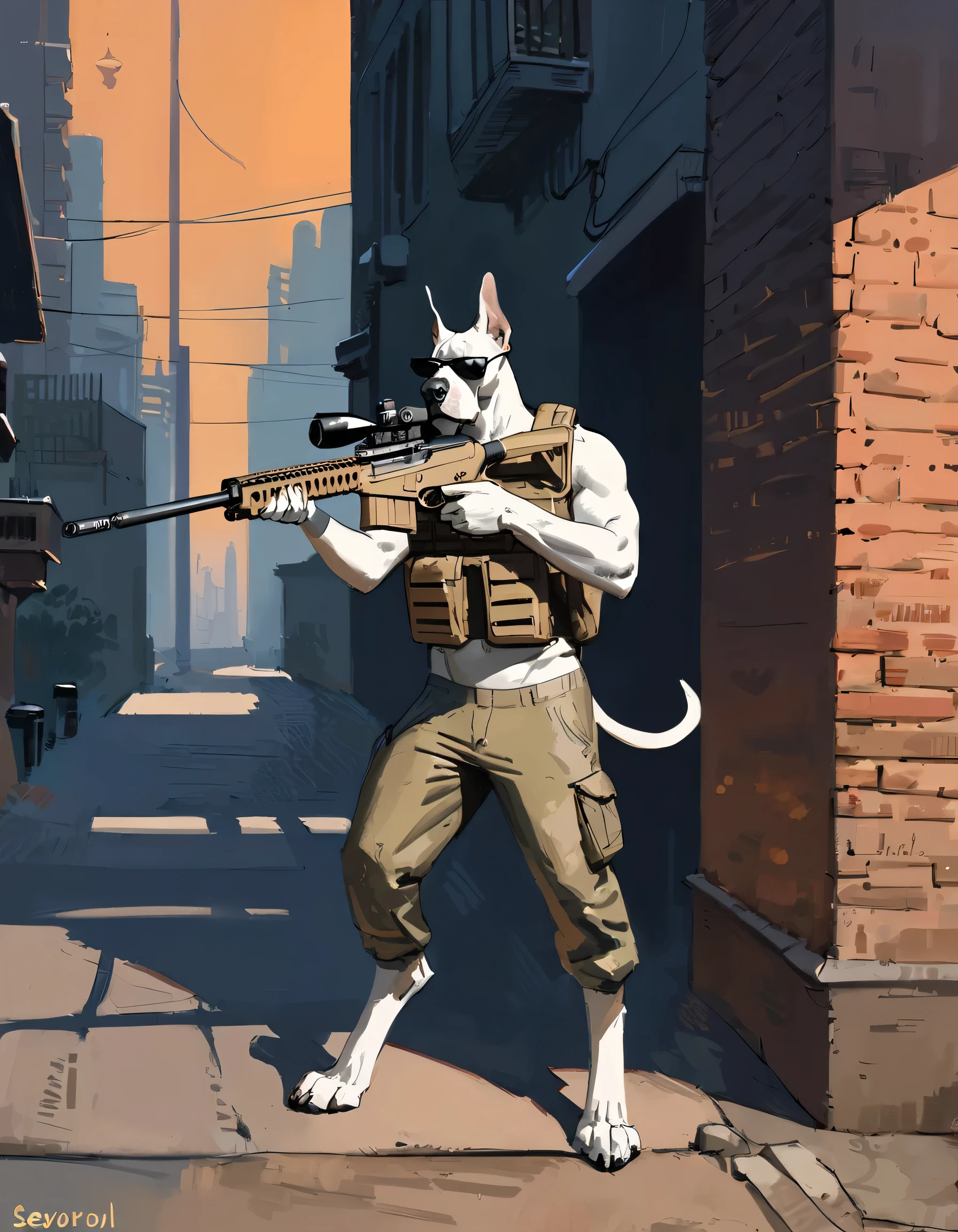 (Great Dane), (solo), male, anthro, digitigrade, (by seyorrol), (tail:1.1), (perfect hands), ((intricate detailed background, urban street background, dusk)), mysterious shadows), realistic shading, (epic, masterpiece, high quality, 8k, ultra HD, absurd res, top quality, best quality, max quality, masterpiece), ((thick fur, (masculine body))), correct anatomy:1.2, sexy, bullet proof vest, confident, genuflect, full body, pants, ((((wearing sunglasses)))), aiming rifle,