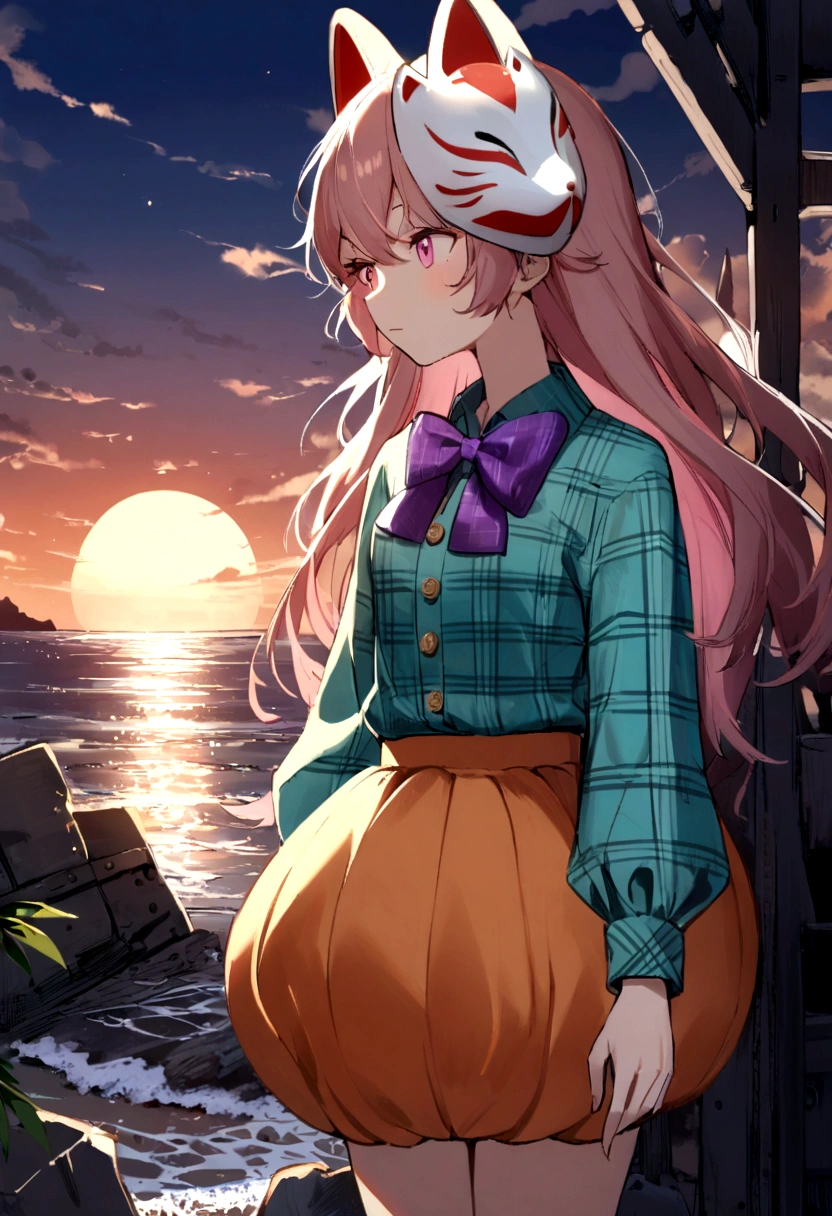 (1girl, koko), (guitar solo), bubble skirt, aqua shirt, bow, bowtie, buttons, collared shirt, expressionless, eyebrows hidden by hair, fox mask, cowboy shot, long hair, long sleeves, mask, multicolored buttons, pink eyes, pink hair, orange skirt, plaid, plaid shirt, purple bow, purple bowtie, shirt, skirt, solo, very long hair, sea, ocean, beach, cloudy, sunrays, dusk, moon, cloud, sky, outdoors, cloudy sky, leaf, ruins, sunbeam, post-apocalypse, side view