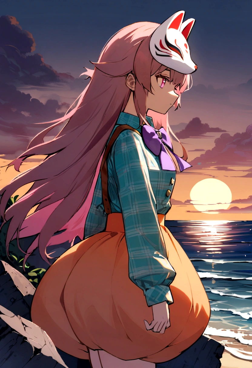 (1girl, koko), (guitar solo), bubble skirt, aqua shirt, bow, bowtie, buttons, collared shirt, expressionless, eyebrows hidden by hair, fox mask, cowboy shot, long hair, long sleeves, mask, multicolored buttons, pink eyes, pink hair, orange skirt, plaid, plaid shirt, purple bow, purple bowtie, shirt, skirt, solo, very long hair, sea, ocean, beach, cloudy, sunrays, dusk, moon, cloud, sky, outdoors, cloudy sky, leaf, ruins, sunbeam, post-apocalypse, side view