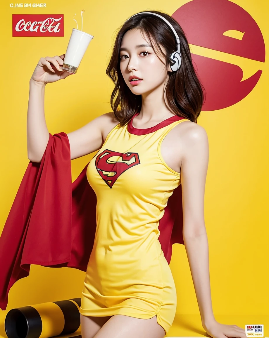 Realistic, 8K, masterpiece, RAW Photos, Highest quality, Realistic, 非常に詳細な CG Unity 8K 壁紙, Written boundary depth, Cinematic Light, Lens flare, Ray Tracing, Perfect lighting,short hair, (Delicate skin), (Delicate face), (Pop Background :1.1), Person standing and watching、Comical movement,1 female,Supergirl Costume、Headphones,(Yellow background),Modern Style,Artistic,Moving configuration,Unique Pattern,Bold Texture,colorful,Imaginative,Whimsical,Vibrant,like々Shii,Playful,Vibrant,creative,Expressive,stylish,tendency,One Girl,Eating pizza、Coca-Cola Poster、Lemon on the background