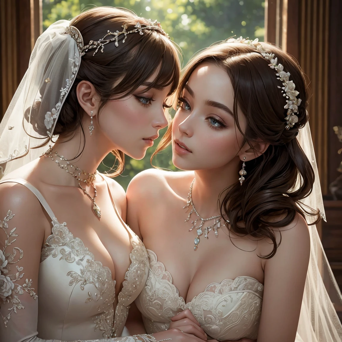 (masterpiece, highest quality, official art, beauty and aesthetic), two stunning bride is deeply in love with each other, kiss