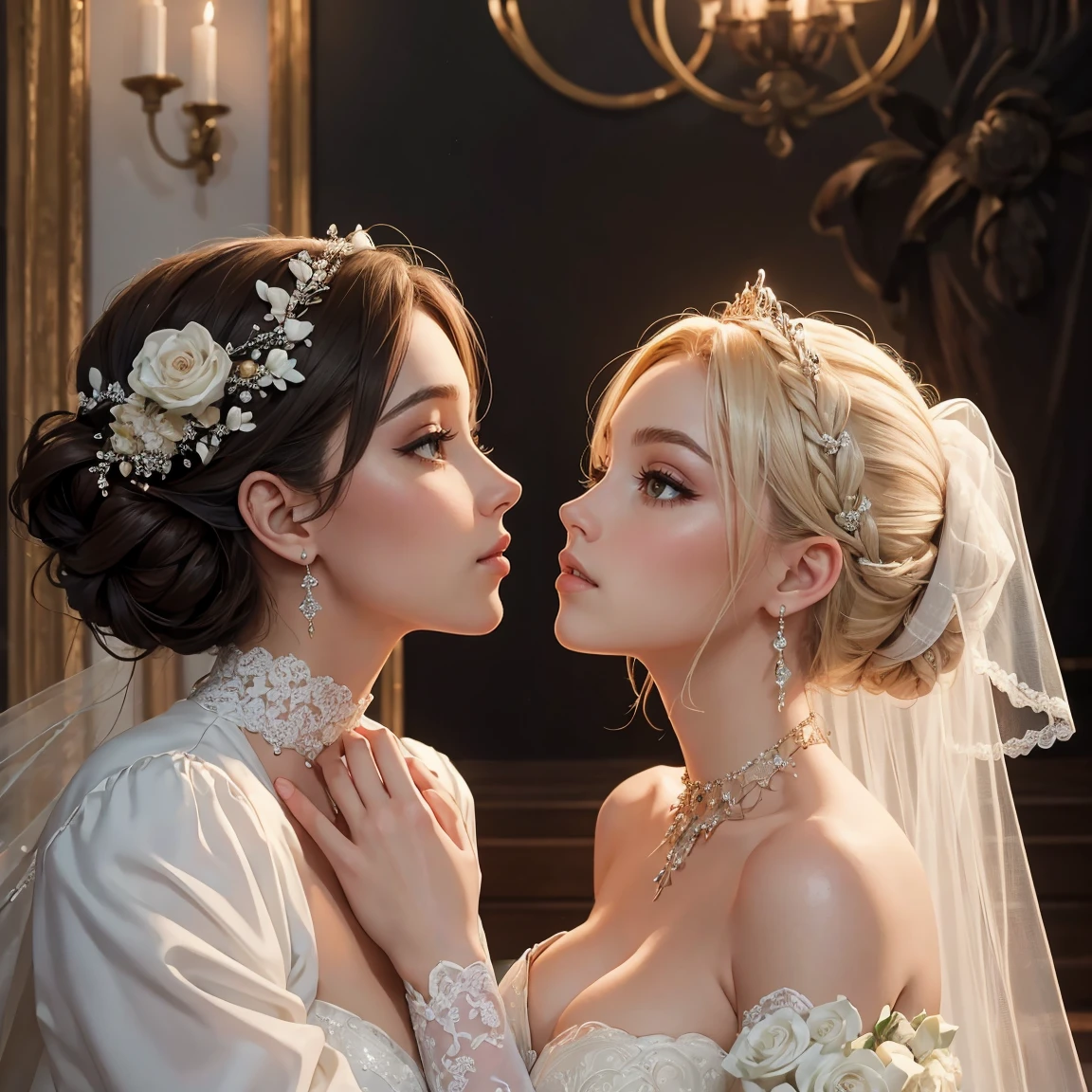 (masterpiece, highest quality, official art, beauty and aesthetic), two stunning bride is deeply in love with each other, kiss, mystical ambiance