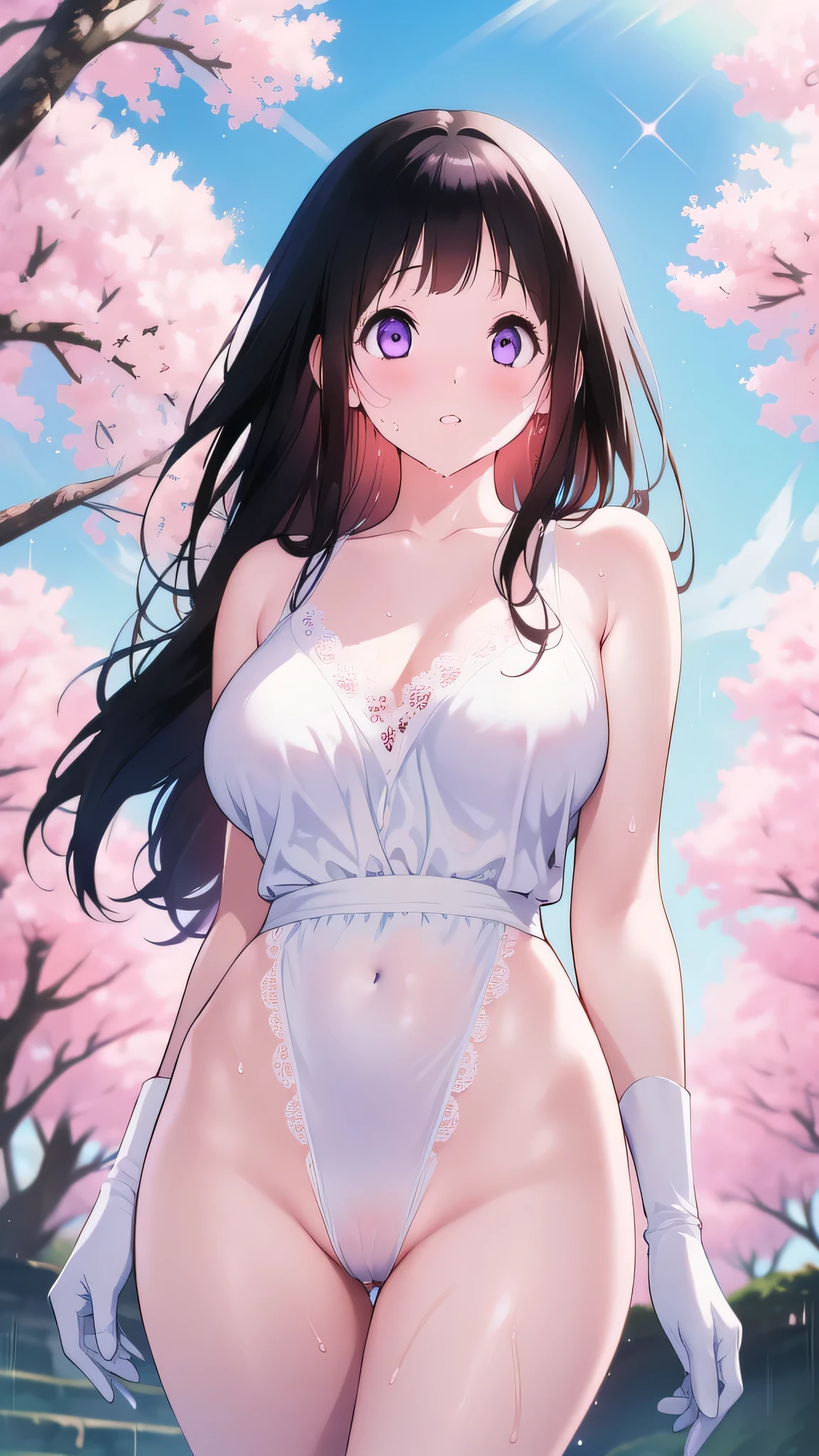 Amazing Chitanda, There is only one beautiful girl，Purple Eyes, Black Hair, Very red face，Very white skin，Glowing skin，Skin as delicate as porcelain，Naturally straight hair, Straight bangs，Extremely refined，Open lips，Long flowing hair，Beautiful Girl, Like a dream，Slim，Slim waist，soft, (sensuous), (Kawaii), Dream quality，Beautiful big breasts，Transparent loose school uniform，areola，Completely naked，Lower edge of breast，White gloves，Flower decoration，Deep V neckline，Loose neckline，Lace-up，Wide neckline，Walking in school，Place your hands on your inner thighs，Thighs clamp hands，Wet skin，Sweaty and sweaty，Sweating all over，Underwear Rain，Next to the cherry blossom trees，Back to，Lean over，Hips，Side body，Gluteal groove，Completely naked buttocks，Bare back，Completely naked back，Light transmission，（no pants），nopan，pussy juice，Bare shoulders，Bare neck，Exposed collarbone，Exposing breasts，Exposing breasts side，Exposing breasts，Show your waist，Show your buttocks，Show your thighs，Exposing the groin，（No pants），extremely shy，Ultra-high resolution, (masterpiece:1.2, best quality), (Delicate and beautiful eyes: 1.2), (Beautiful and delicate face)