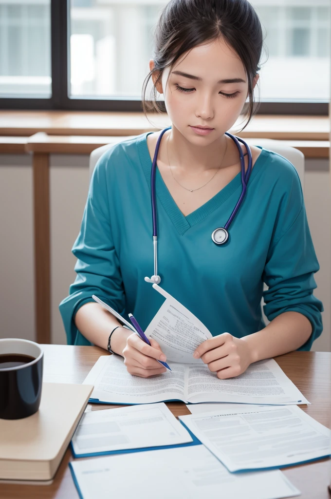 Generate an image of studying to pass the exam for medical school
