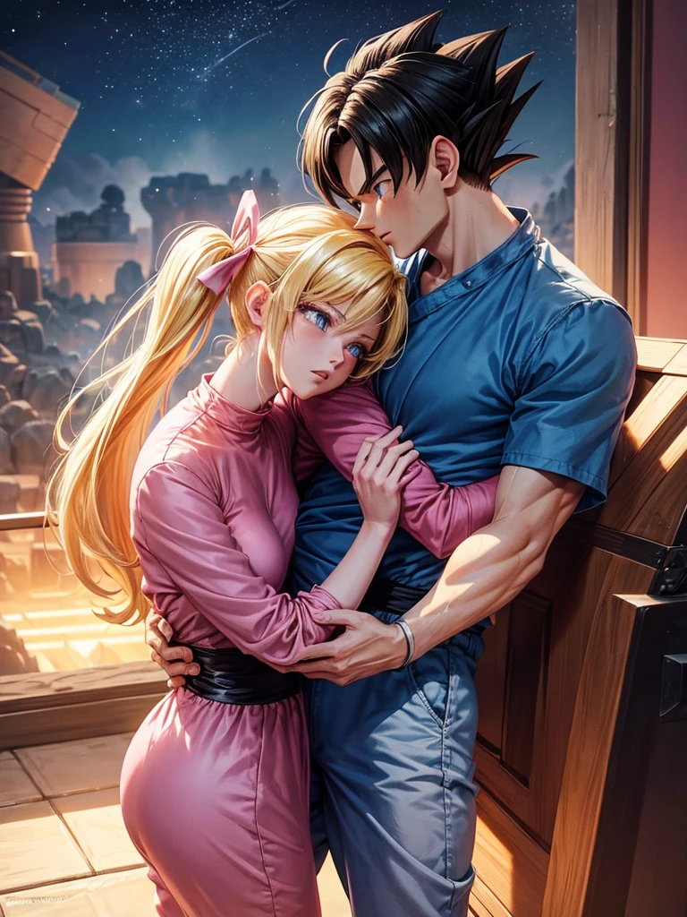 A couple of friends hugging in an emotional farewell atmosphere, next to a spaceship. The boy is tall and adult, with black hair and black eyes, wearing a Dragon Ball Z style battle suit. The girl has blonde hair, blue eyes, and has two pigtails falling over her shoulders decorated with pink ribbons. She wears a pink jumpsuit dress. The art should capture the iconic style of Dragon Ball Z, with an atmosphere that reflects the emotion and sadness of the moment of farewell.
