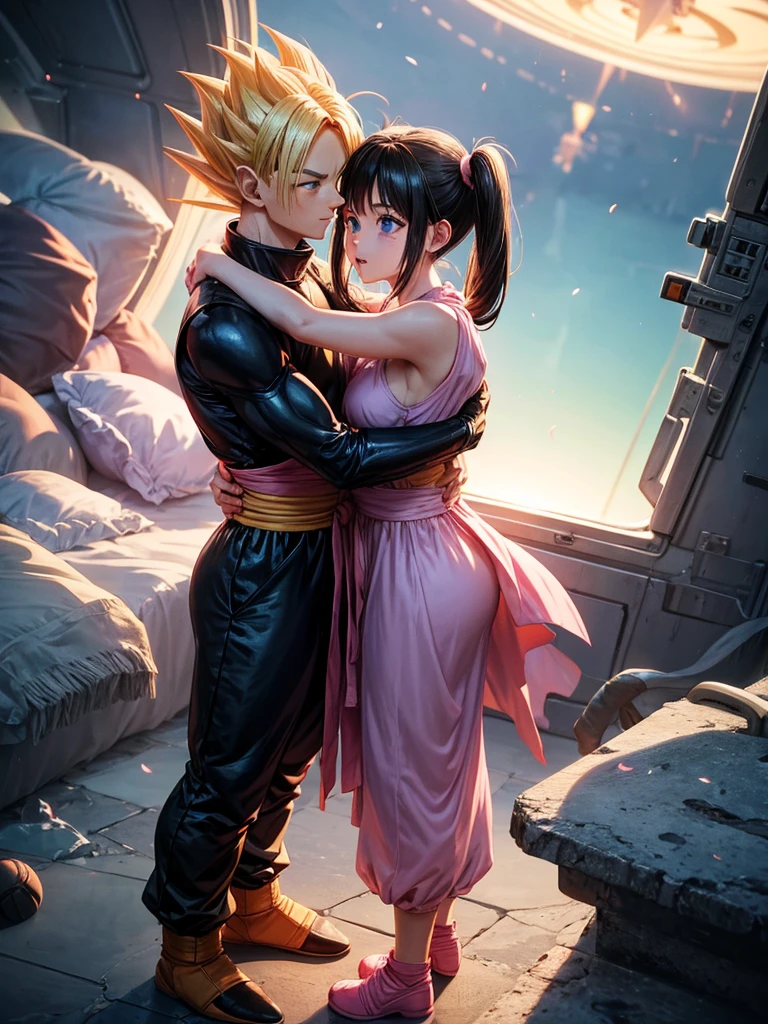 A couple of friends hugging in an emotional farewell atmosphere, next to a spaceship. The boy is tall and adult, with black hair and black eyes, wearing a Dragon Ball Z style battle suit. The girl is tall and has blonde hair, blue eyes, and has two pigtails falling over her shoulders decorated with pink ribbons. She wears a pink jumpsuit dress. The art should capture the iconic style of Dragon Ball Z, with an atmosphere that reflects the emotion and sadness of the moment of farewell.