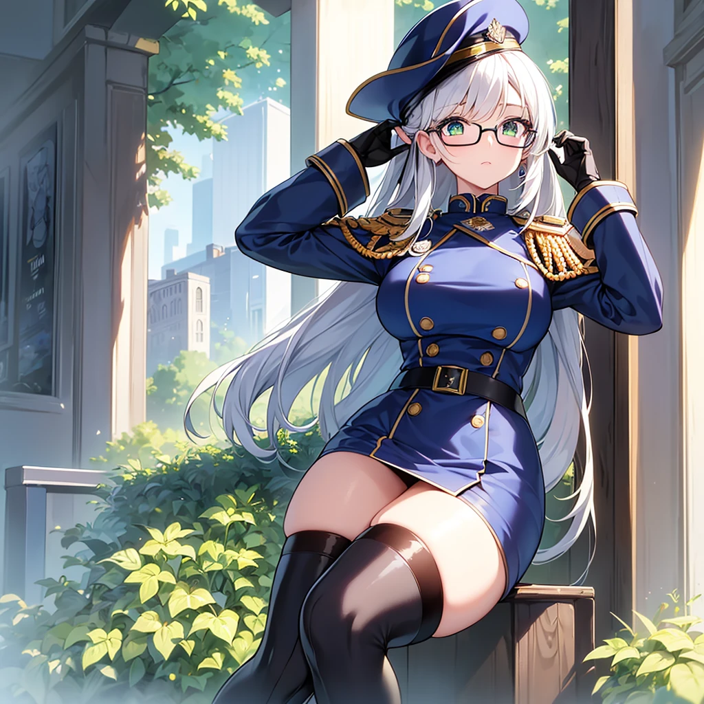 masterpiece, best quality, beautiful girl, white hair with green color inner, green eyes color, blue military uniform, mature_female, eyes glasses , white gloves, anime, blue military hat, very_long_hair, perfect body, red ribbon, commander, science_fiction, black knee-high boots, white pants, cowboy_shot , large_breasts, ultra-detailed, high quality, modern military uniform, sci-fi, dark blue Trench Coat, 1girl, 4k, military base ,perfect hands