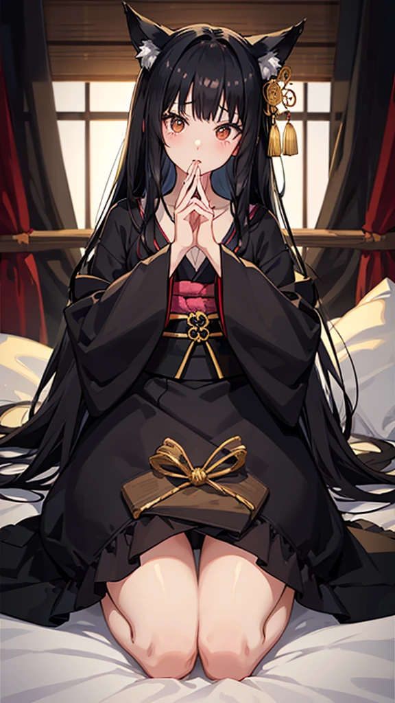 Black hair and fox ears、アニメ、One woman、Black Ribbon、kimono、kimono、hime cut、アニメ tone、beautiful girl、best quality、high quality、good anatomy、good hands、good body、Face down, face up, looking at the camera、On the bed、pillow、curtain、Alarm Clock、early morning