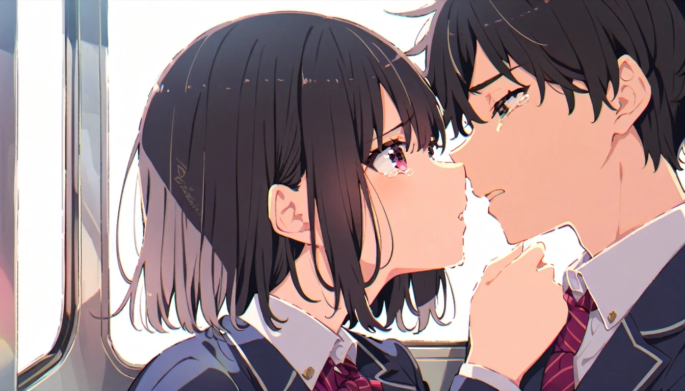 A girl with short black hair and small breasts in a blazer uniform is forced to kiss a man on a train and cries in disgust.