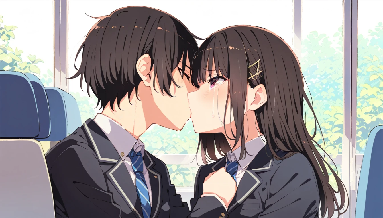 A girl with short black hair and small breasts in a blazer uniform is forced to kiss a man on a train and cries in disgust.