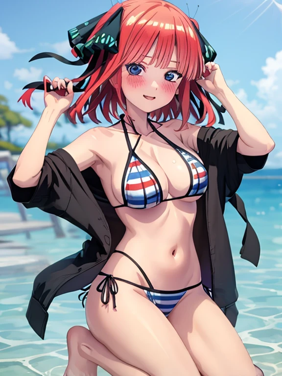 best quality, insanely detailed, nino nakano, , blush, swimsuit, halterneck, striped, flower print swimsuit,