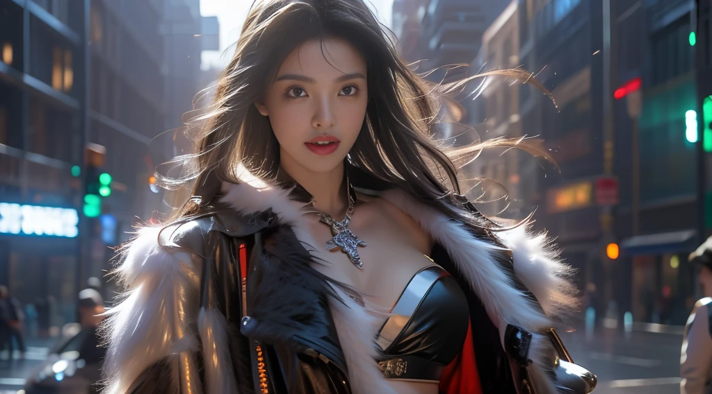 masterpiece，quality，Best quality at best，Official Art，（Beauty and aesthetics：1.2），（masterpiece：1.3），The city of the future，Cyberpunk Characters，A girl，Fur coat，No underwear，Sexy body，Looking at the camera，（Close-up cleavage：1.8），Volumetric Fog，snow，snow，drama，Christmas Eve