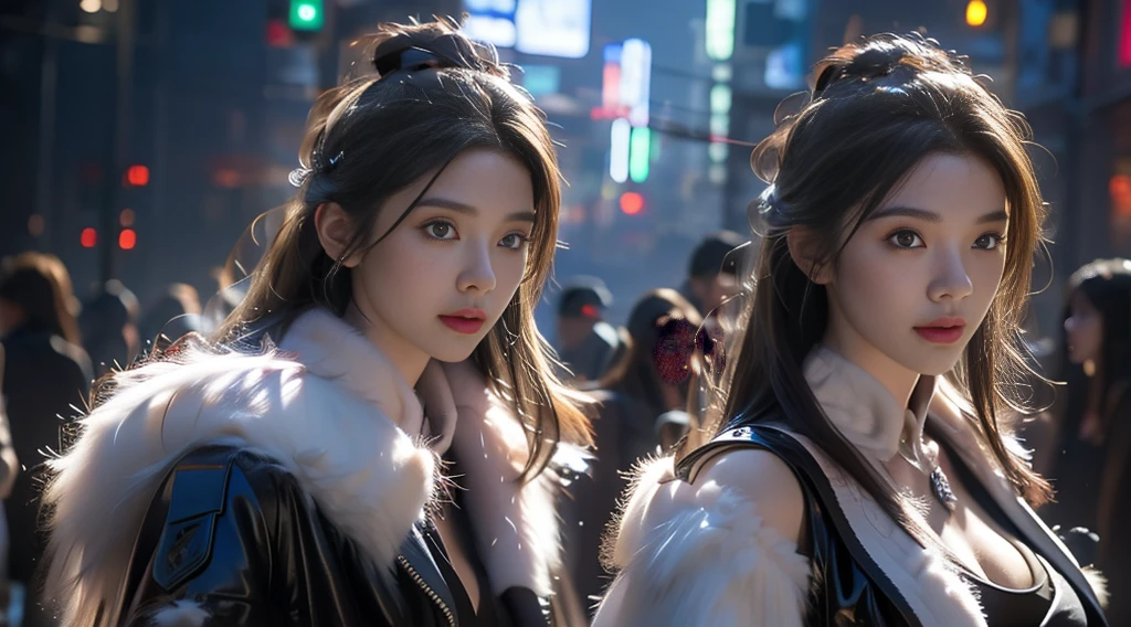 masterpiece，quality，Best quality at best，Official Art，（Beauty and aesthetics：1.2），（masterpiece：1.3），The city of the future，Cyberpunk Characters，A girl，Fur coat，No underwear，Sexy body，Looking at the camera，（Close-up cleavage：1.8），Volumetric Fog，snow，snow，drama，Christmas Eve