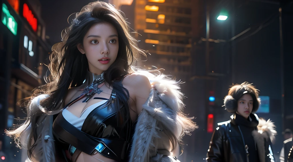 masterpiece,quality,Best quality at best,Official Art,(Beauty and aesthetics:1.2),(masterpiece:1.3),The city of the future,Cyberpunk Characters,A girl,Fur coat,No underwear,Sexy body,Looking at the camera,(Close-up cleavage:1.8),Volumetric Fog,snow,snow,drama,Christmas Eve