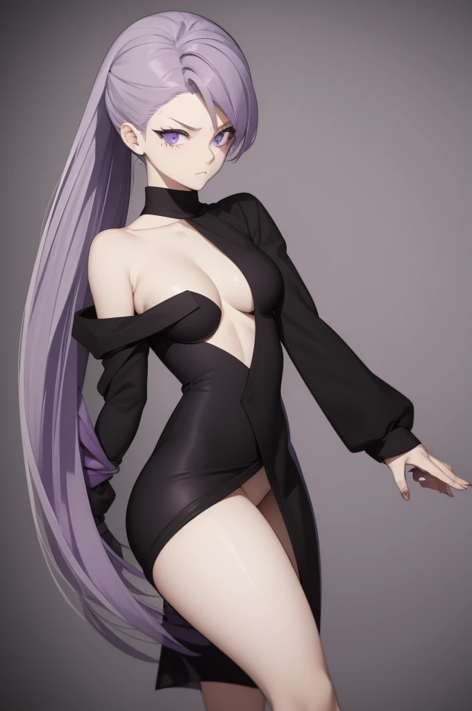 The image is an illustration of a Nude character, with a stylized look, typical of anime or manga. Here are some notable details: body hair: The character has long hair, tied in a high ponytail. Hair color is white with purple highlights. eyeballs: The eyes are purple, with a serious, penetrating gaze. Facial expression: The character displays a serious or perhaps slightly irritated expression, with visible scars on the face. Clothing: him/she is wearing a black turtleneck outfit, which appears to be simple and without many details. artistic style: The style is typical of Japanese animation, with clear lines and a striking use of contrasting colors (white and purple hair, purple in the eyes and black in the clothes). The background is gray and has no additional details., keeping the focus on the character.