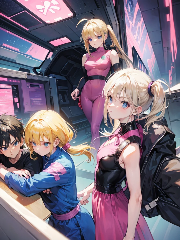 A couple of friends hugging in an emotional farewell atmosphere, next to a spaceship. The boy is tall and adult, with black hair and black eyes, wearing a Dragon Ball Z style battle suit. The girl has blonde hair, blue eyes, and has two pigtails falling over her shoulders decorated with pink ribbons. She wears a pink jumpsuit dress. The art should capture the iconic style of Dragon Ball Z, with an atmosphere that reflects the emotion and sadness of the moment of farewell.