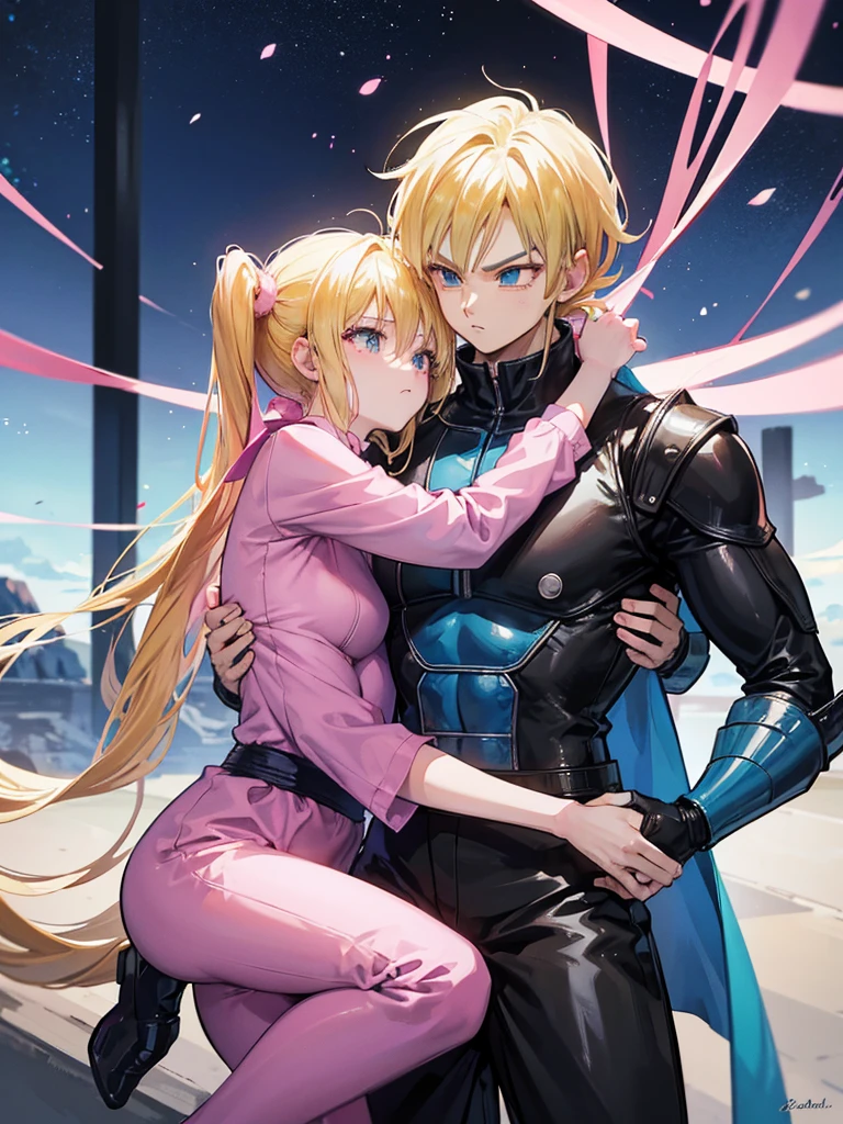 A couple of friends hugging in an emotional farewell atmosphere, next to a spaceship. The boy is tall and adult, with black hair and black eyes, wearing a Dragon Ball Z style battle suit. The girl has blonde hair, blue eyes, and has two pigtails falling over her shoulders decorated with pink ribbons. She wears a pink jumpsuit dress. The art should capture the iconic style of Dragon Ball Z, with an atmosphere that reflects the emotion and sadness of the moment of farewell.