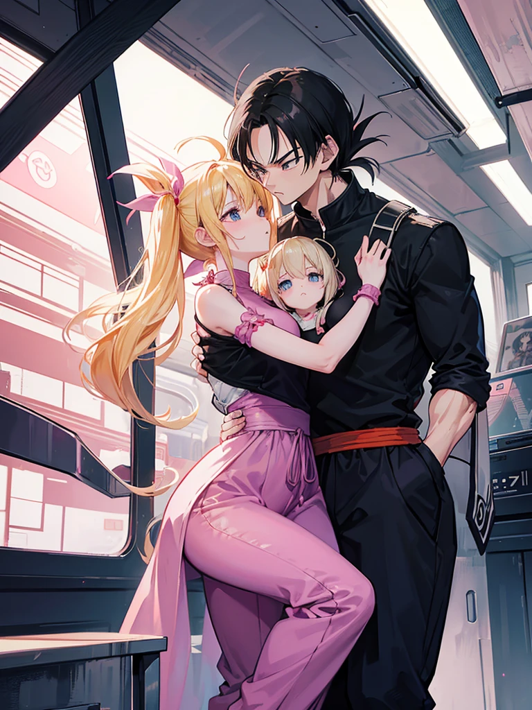 A couple of friends hugging in an emotional farewell atmosphere, next to a spaceship. The boy is tall and adult, with black hair and black eyes, wearing a Dragon Ball Z style battle suit. The girl has blonde hair, blue eyes, and has two pigtails falling over her shoulders decorated with pink ribbons. She wears a pink jumpsuit dress. The art should capture the iconic style of Dragon Ball Z, with an atmosphere that reflects the emotion and sadness of the moment of farewell.