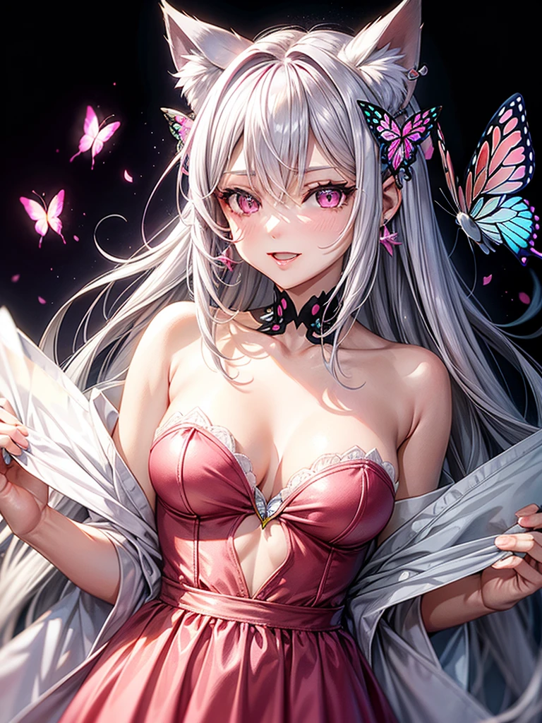 Silver hair, pink eyes, body, cat ears, woman, earrings, butterfly background, red pink clothes, butterfly hair bows, happy face