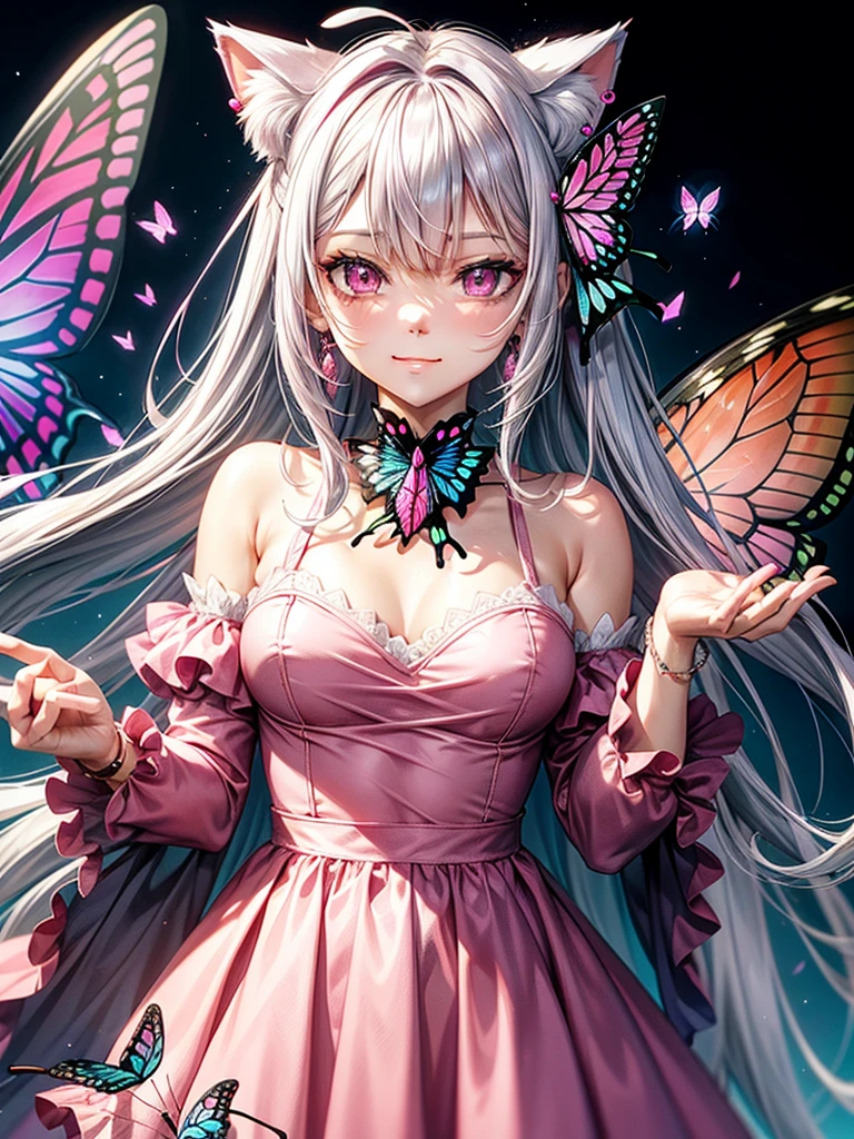 Silver hair, pink eyes, body, cat ears, woman, earrings, butterfly background, red pink clothes, butterfly hair bows, happy face