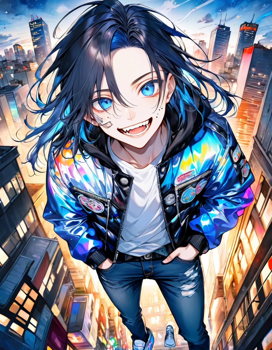 Blurred outline, masterpiece, handsome boy, long hair, coldly shining beautiful blue eyes, cold sneer, beautiful teeth with perfectly aligned teeth, dark painting on face, flashy jacket with lots of patches, tight jeans, pop sneakers, angled from above and in front, deformed downtown cityscape in the background, pop and flashy watercolor style