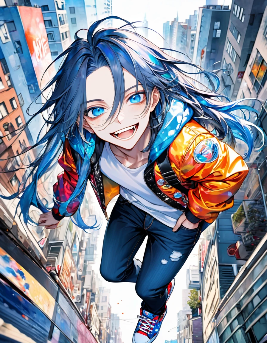 Blurred outline, masterpiece, handsome boy, long hair, coldly shining beautiful blue eyes, cold sneer, beautiful teeth with perfectly aligned teeth, dark painting on face, flashy jacket with lots of patches, tight jeans, pop sneakers, angled from above and in front, deformed downtown cityscape in the background, pop and flashy watercolor style