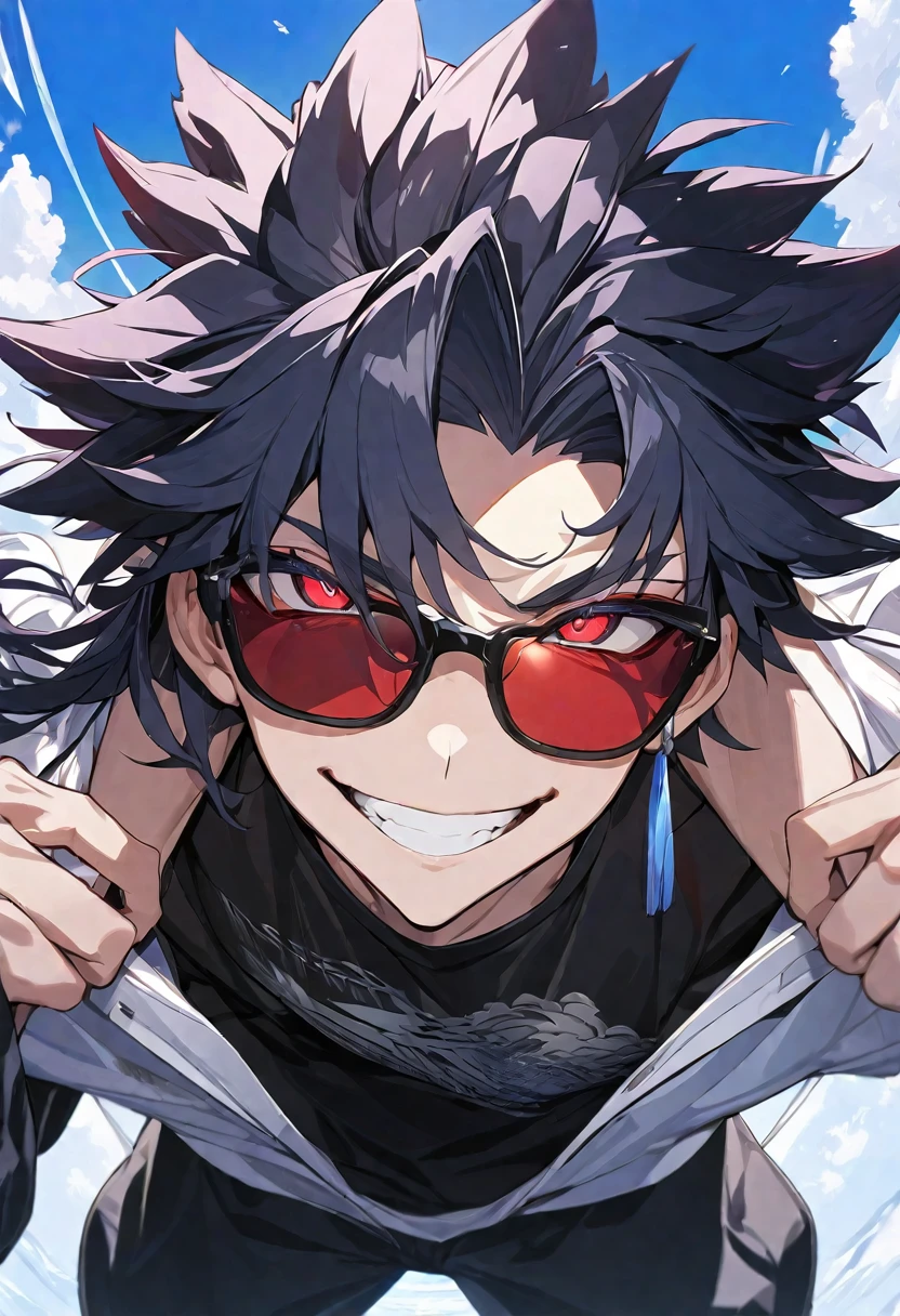 (masterpiece, best quality:1.2), (hyperdetailed face), (Super well-formed face), close up, face focus, solo, male focus, 1boy, gojo satoru, 18-years-old, slim body, black hair, long hair, red eyes, crystal clear eyes, beautiful pupils, beautiful detailed eyes, smiling, white teeth, long white eyelashes, black shirt, long sleeves, black pants, wearing sunglasses, looking at viewer, beautiful blue sky, summer sky