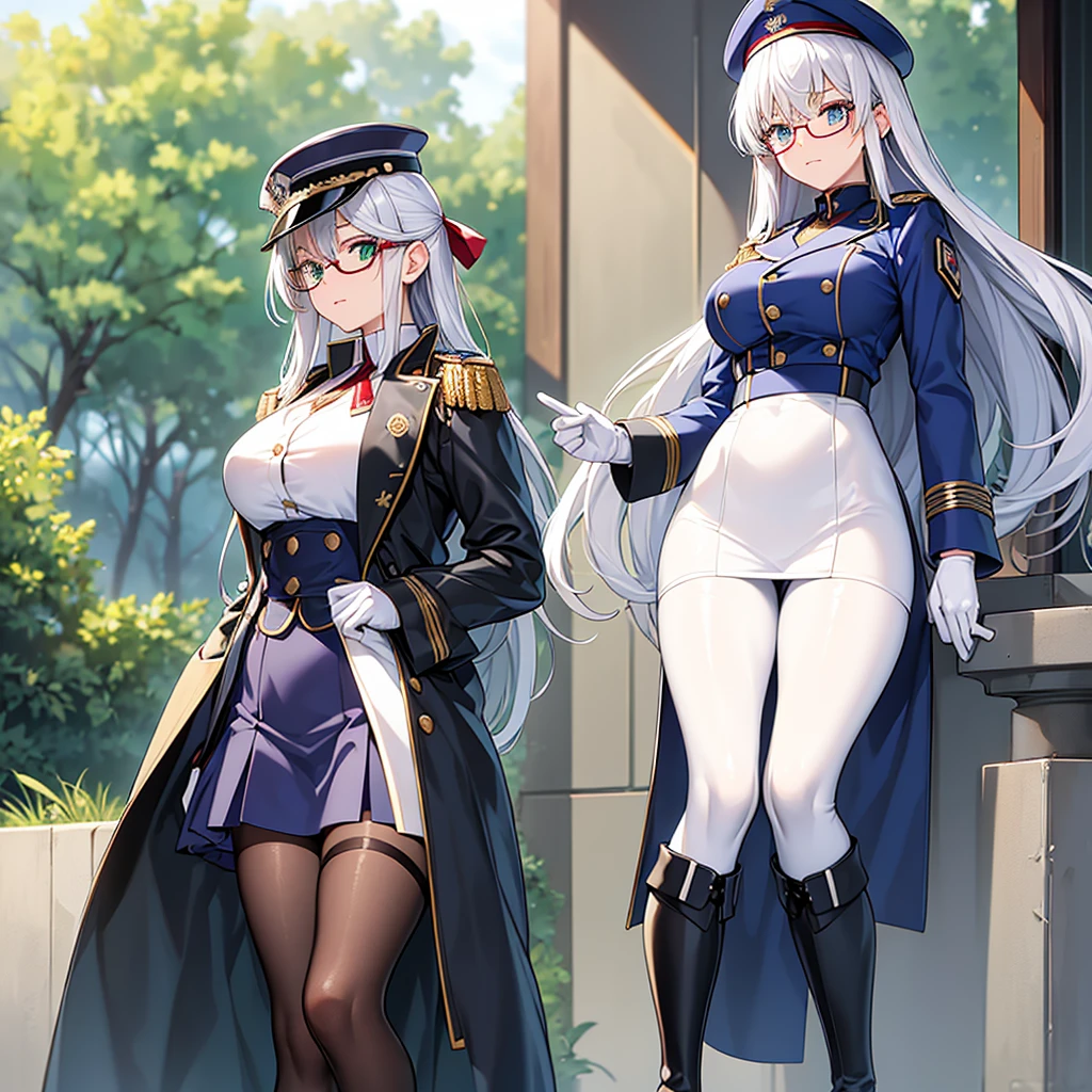 masterpiece, best quality, beautiful girl, white hair, green eyes color, dark blue military uniform, mature_female, eye_glasses, white gloves, anime, dark blue military hat, very_long_hair, perfect body, red ribbon, commander, science_fiction, black knee-high boots, white pants, cowboy_shot, best quality, large_breasts, ultra-detailed, high quality, modern military uniform, sci-fi, royal blue Trench Coat, one girl, 4k 