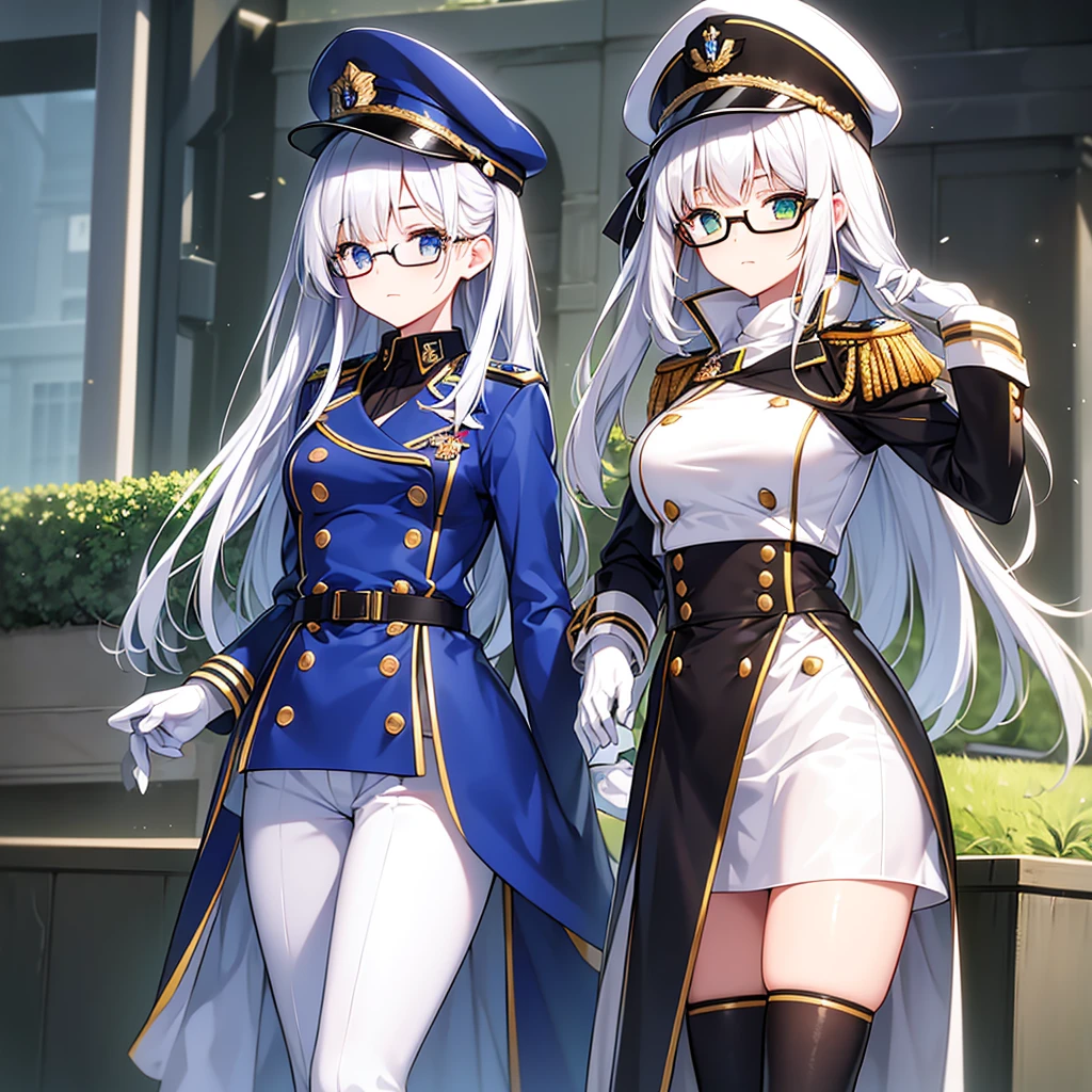 masterpiece, best quality, beautiful girl, white hair, green eyes color, dark blue military uniform, mature_female, eye_glasses, white gloves, anime, dark blue military hat, very_long_hair, perfect body, red ribbon, commander, science_fiction, black knee-high boots, white pants, cowboy_shot, best quality, large_breasts, ultra-detailed, high quality, modern military uniform, sci-fi, royal blue Trench Coat, one girl, 4k