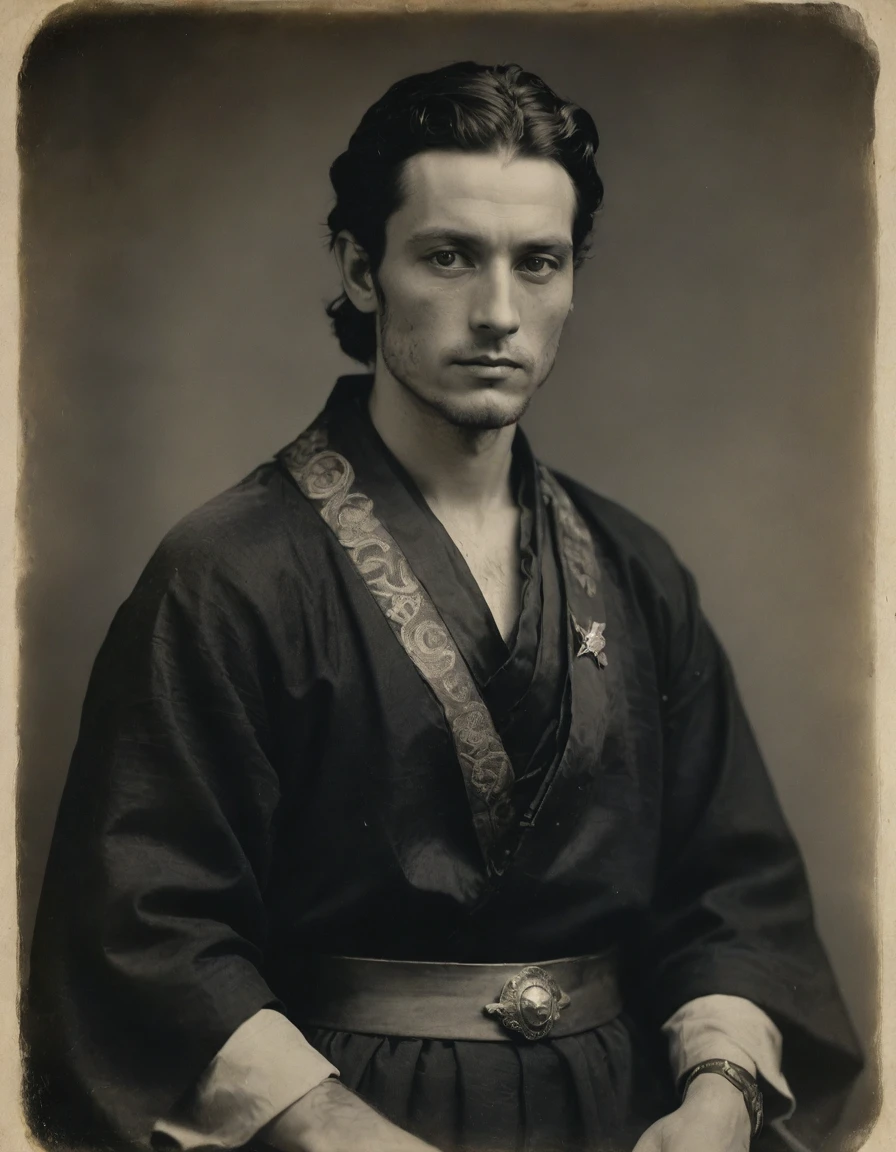 by Moebius, by Théodore Géricault, ((((Rough monochrome, daguerreotype on old paper, male focus)))), the composition is: (((a young male Roman nobleman, sullen, facing viewer. Tattoos, His face is tattooed. He is wearing a black silken robe with hanfu elements, sashes, medals, diamond shape symbology, moth symbology, jungle background))).