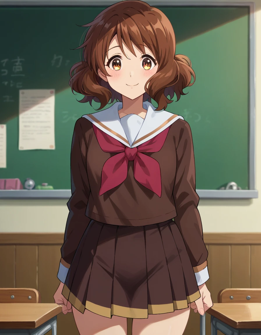 Highest quality, High resolution, masterpiece, (Beautiful Eyes), (Fine grain), Detailed face, kumiko oumae, Brown eyes, Brown Hair, short hair, Wavy Hair, smile, blush, skirt, shirt, Long sleeve, , pleated skirt, neckerchief, brown skirt, White sailor collar, brown shirt, Kitauji High , red neckerchief, indoor, classroom, Chair, machine, View your viewers, Cowboy Shot, (skirtを持ち上げる:1.5), (Wide pelvis), (Thick thighs), (White panties)