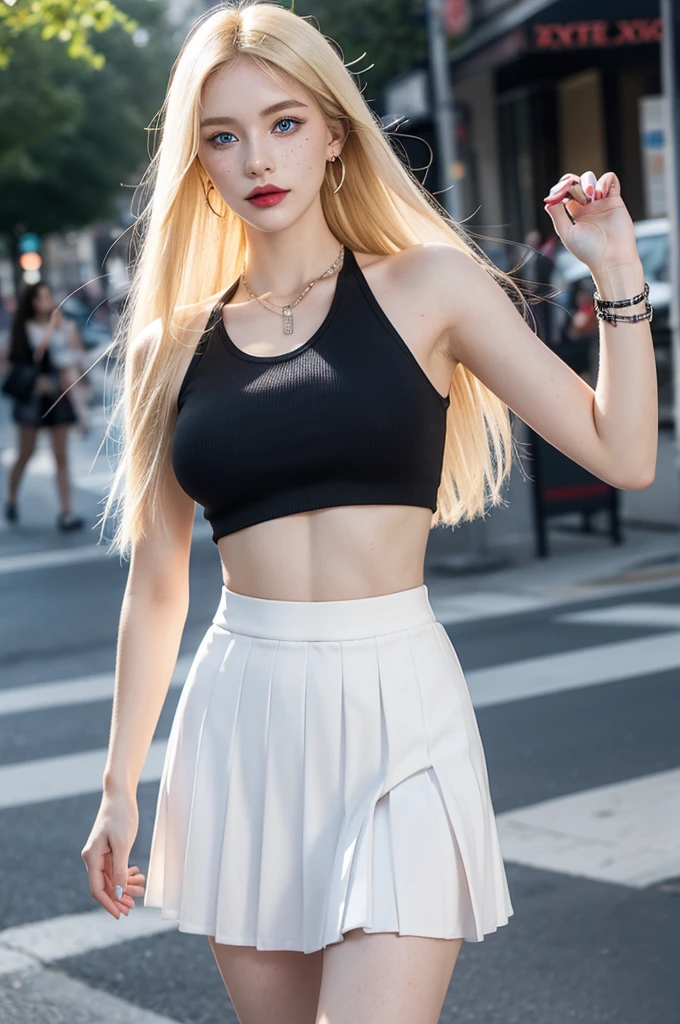 Beautiful young girl, elongated face and thin chin, freckles, blonde, blue eyes, bold dark red lipstick and Extra eyeliner and extra eyeshadow, white pale skin, black skirt, white tank top, small nose, huge natural breasts, straight hair with fringe, blonde, long hair, earrings, necklace, semi-transparent top, full body, pleated short skirt, measurements 120-60-90, long black nails, rings, watches, showing off, on the street of city, huge tits