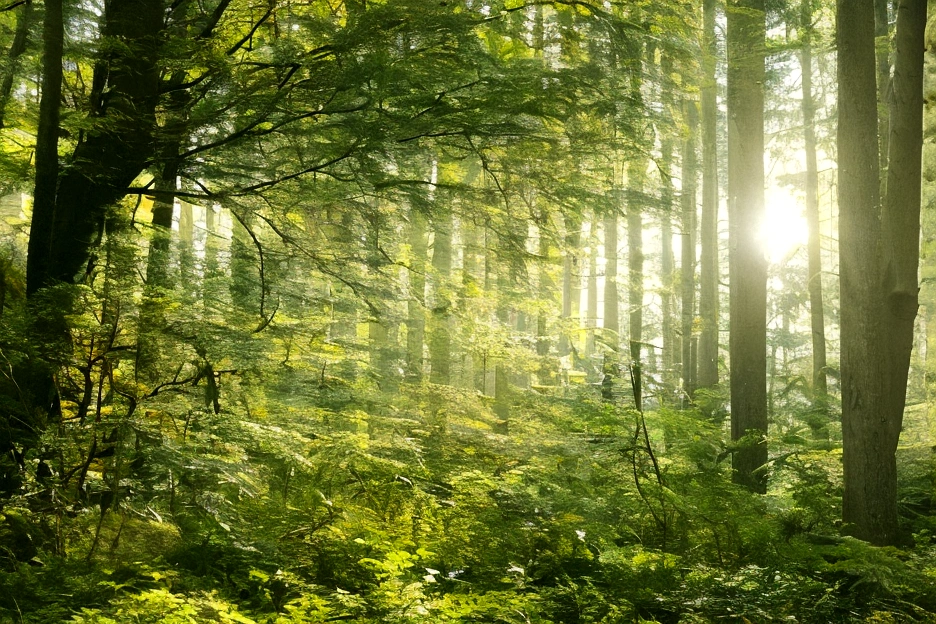 in the forest、wood々The soft sunlight filtering through、The pleasant chirping of birds from afar、Vibrant colors、Real、8K  UHD、high resolution