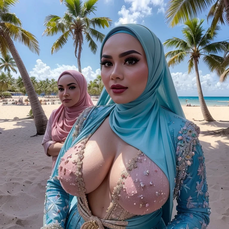 (((a group of girls Standing NSFW:1.5, pubic areas is hairy:1.5))), (((red lipstick))) Full hijab, perfect hijab style, colourful hijab style (((Malay prostitute, Malay gorgeous, Malay beauties))), 3girls, Look at viewer (((3 womans:1.5))) (((3 womans:1.5, womans standing full naked and nudes))) (((Perfect hijab))) (((blurry background, eye focus, cowboy shot, island beach background, facing front, dramatic light, cinematic light, realistic, realism))) (((huge heavy wide breast:1.3))) 8k, high res, HQ, UHD, (photorealistic:1.4), RAW, Best quality, high resolution, masterpiece: 1.3), beautiful Malay queen in hijab showing cleavage in sexy bellydancer highslit,Masterpiece, Soft smile, choker, (((colorful))) (8k Very Detailed CG Unit Wallpaper), (Best Quality), (Best Illustration), (Best Shadow), (Detail: 1.4), 3D, HDR (High Dynamic Range), Ray Tracing, NVIDIA RTX, Super Resolution, Subsurface Scattering, PBR Texture, Post Processing, Anisotropic Filtering, Depth of Field, Maximum Sharpness and Acutance, Multi-layer Textures, Albedo and Highlight Mapping, Surface Shading, Accurate Simulation of Light-Material Interactions, Perfect Proportions, Octane Rendering, Two-tone Lighting, Wide aperture, low ISO, white balance, rule of thirds, 8K RAW, intricate detail, fine pattern, deep shadows, masterpiece, realism, roughness, ultra-realistic, shot on Canon EOS R5, 50mm lens, f/2.8, sharp focus, smooth, roughness, real life, realism, photography, 8k ultra hd, (((((Best quality)), ((masterpiece)), (highly detailed:1.3),palm tree on a pink and blue background, tropical trees, tropical palms, palm trees, palm trees on the beach, coconut trees, palm trees in the background, tropical atmosphere,hyperrealistic,hyperrealism,hyperdetailed,island beach background)))