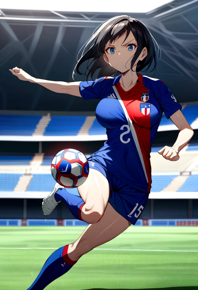 (anime ,2D) a female soccer player of average height ,clear skin,thin face ,serious expression,blue eyes,waist-length black hair ,white bangs,Skinny body,big breasts,small waist, France national team uniform, In a soccer field ,kicking a ball with a super technique.