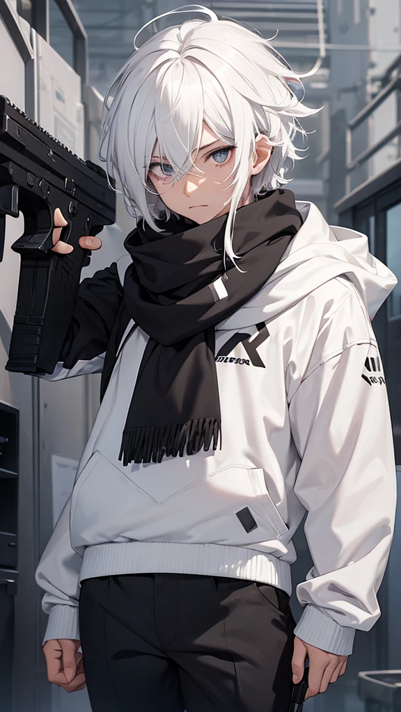Man;
white  hair;
shorth hair;
Messy hair;
eye white;
Some gun sight marks on the pupils;
wear black pants;
black jersey;
A white sweater;
A white scarf;
There&#39;s a white sniper on the back;
